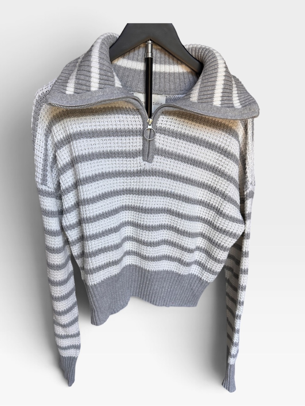 Sage + Stone Striped Quarter Zip Knit Sweater Size XL Gray White Coastal Cozy